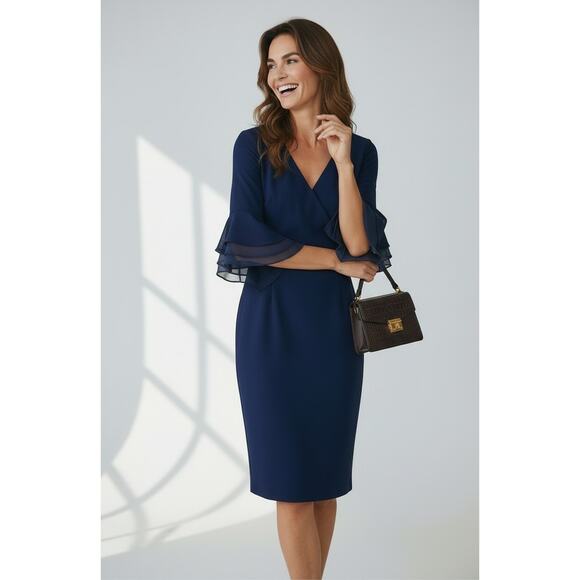 Three Quarter Bell Sleeve Sheath Midi Dress In Navy Sateen 16 NWT - Picture 3 of 4